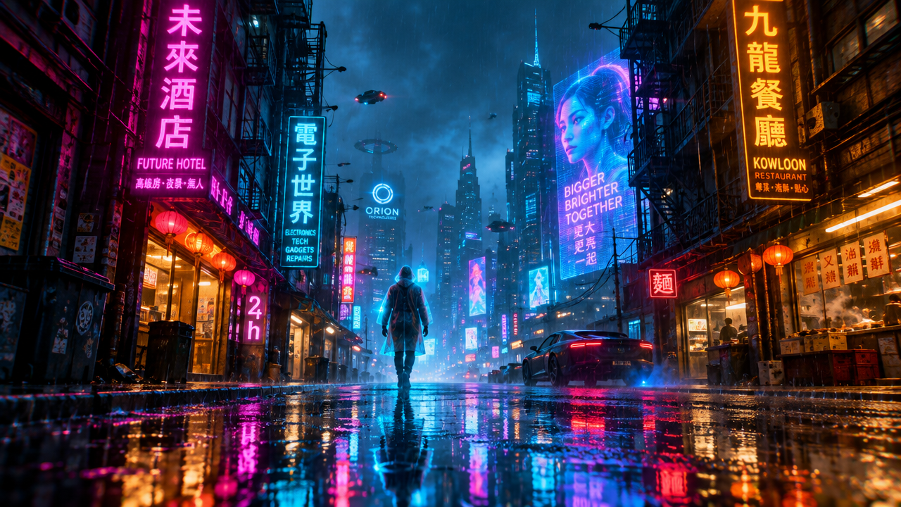 赛博朋克雨夜霓虹街区海报