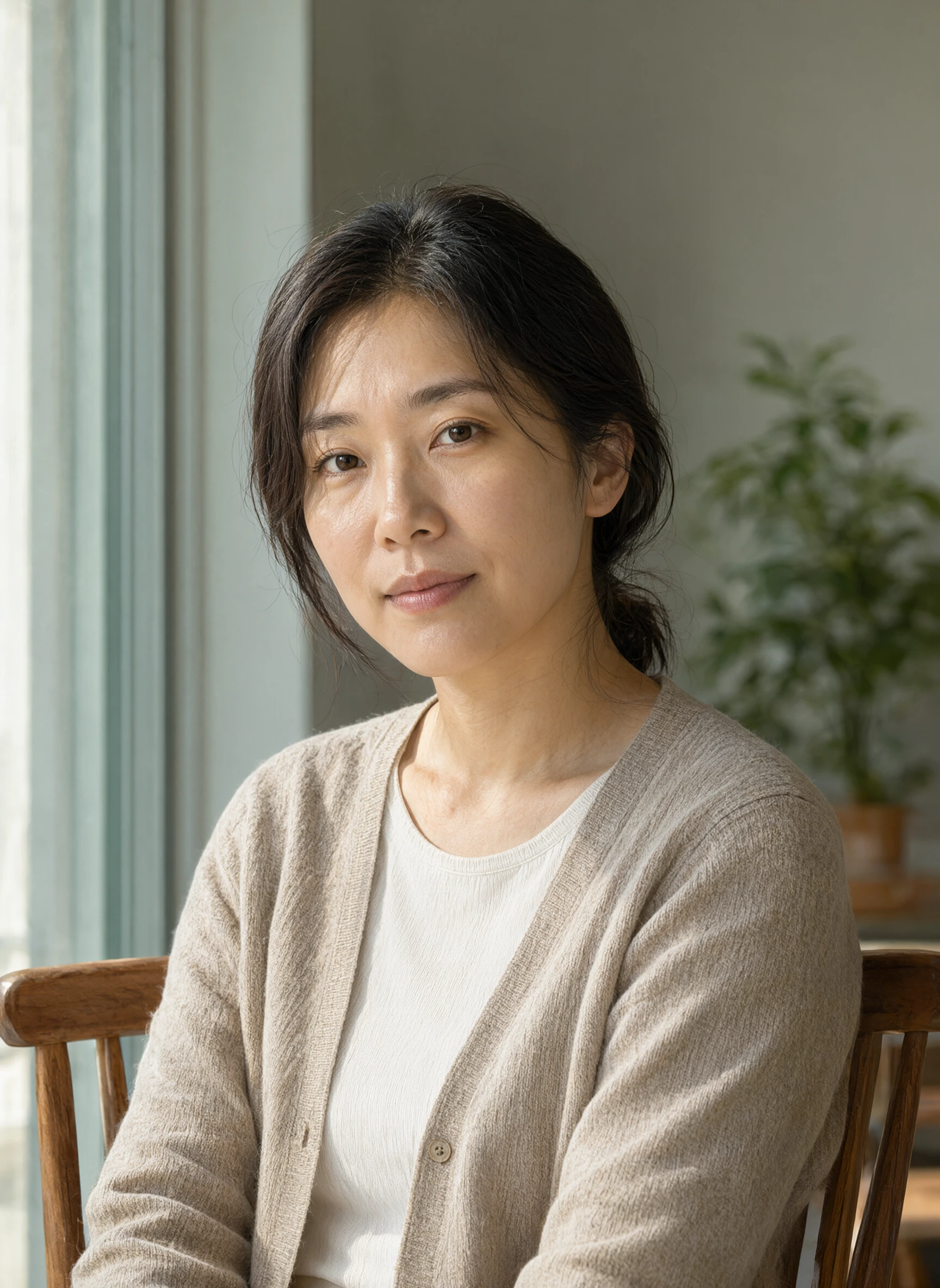 Qwen Image 2.1 Pro 生成的窗边写实人像:穿浅米色针织开衫的女性坐在木质餐椅上,左侧窗光打在脸和锁骨上