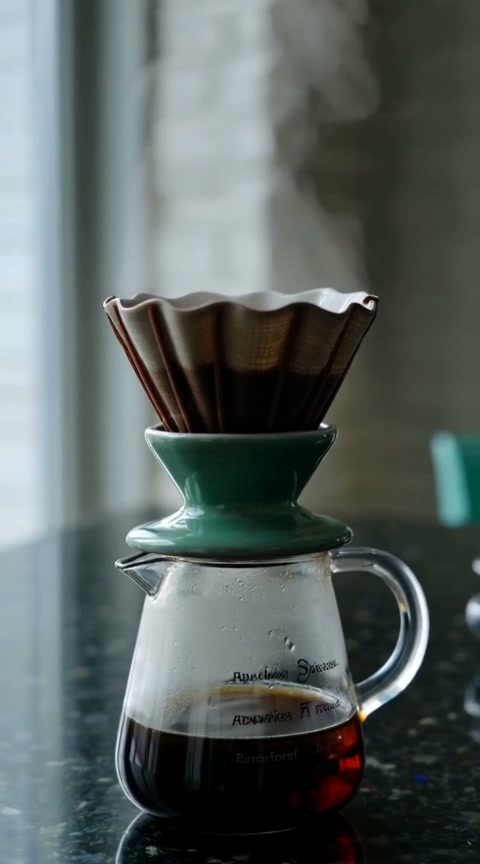 Kandinsky 6.0 Pro clip: a green ceramic pour-over dripper over a glass carafe of brewed coffee on a dark counter