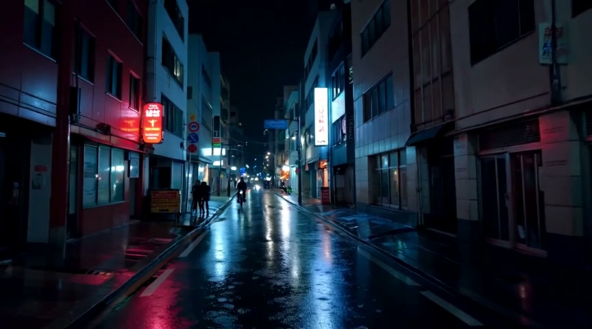 Kandinsky 6.0 Pro clip: a narrow street in heavy rain, neon signs reflecting in puddles as a cyclist passes