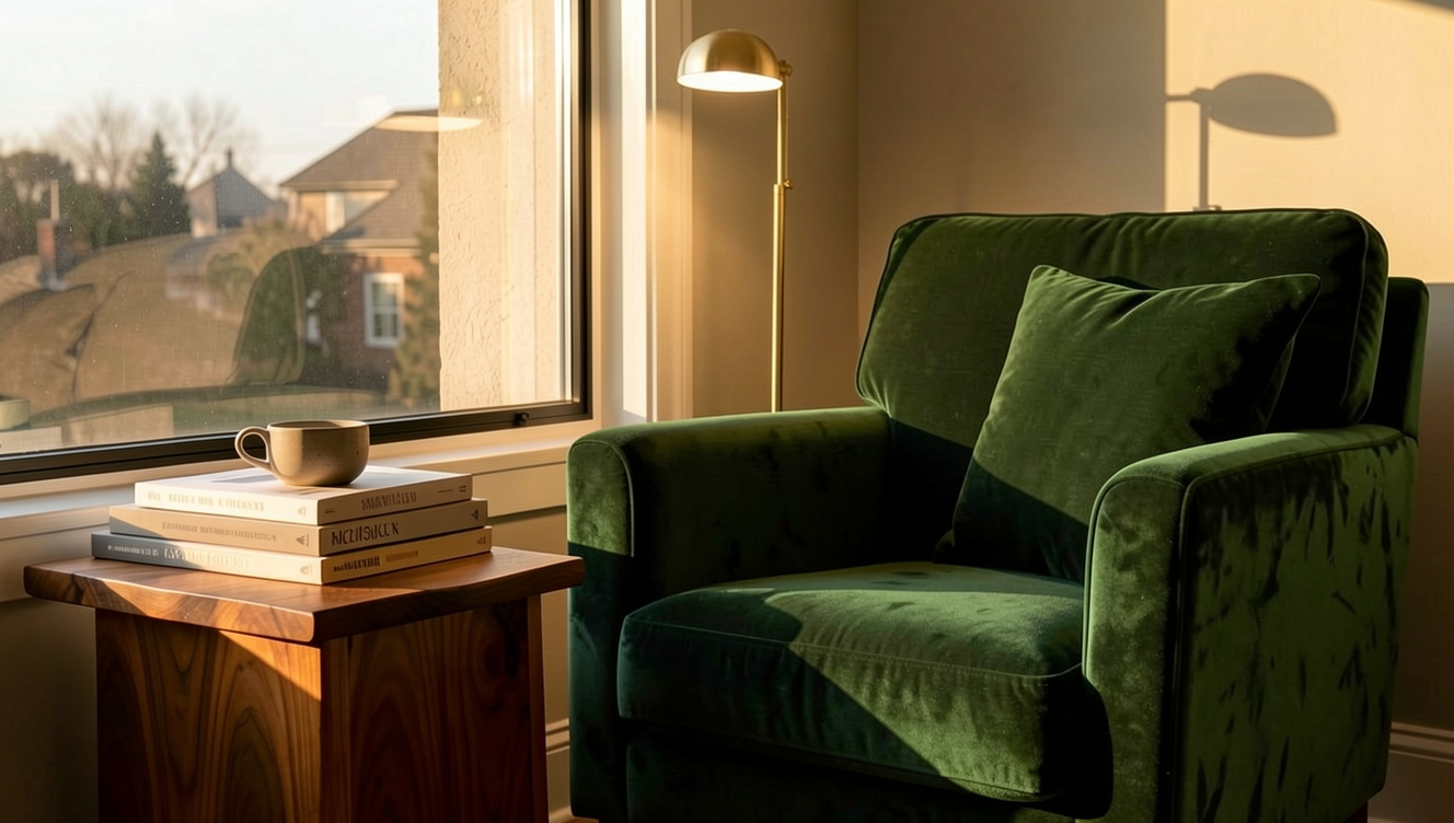 FLUX.1 Kontext Max edit: armchair changed to deep green velvet