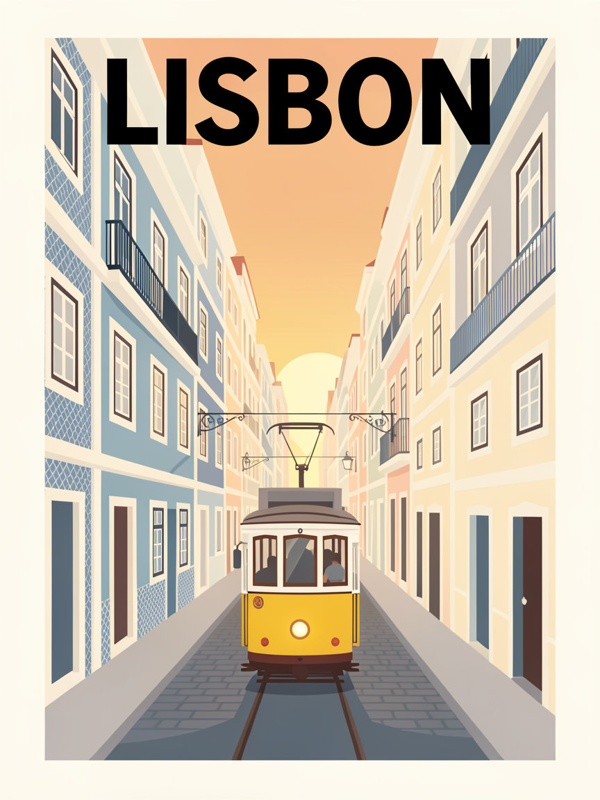 FLUX.1 Kontext Max 生成的里斯本旅行海报:顶部 LISBON 标题,黄色电车爬坡,蓝白瓷砖立面