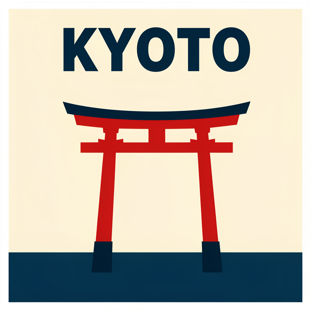 FLUX.1 Kontext Max 生成的京都旅行海报:顶部 KYOTO 标题,朱红鸟居,米白与靛蓝配色