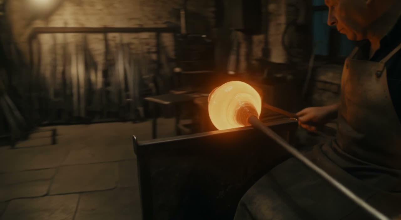 FLUX 3 Max text-to-video output: a glassblower shaping a molten vase in a dim workshop
