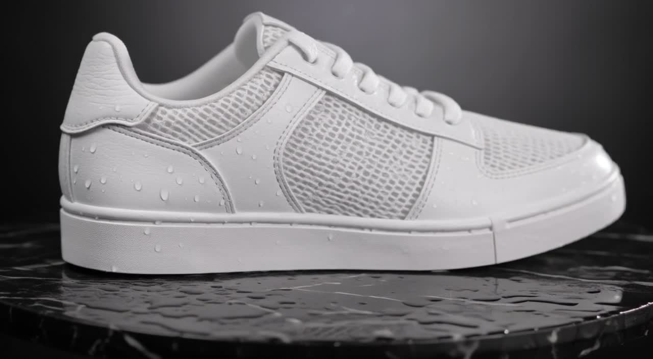 FLUX 3 Max text-to-video output: a white sneaker rotating on a wet black plinth under studio light