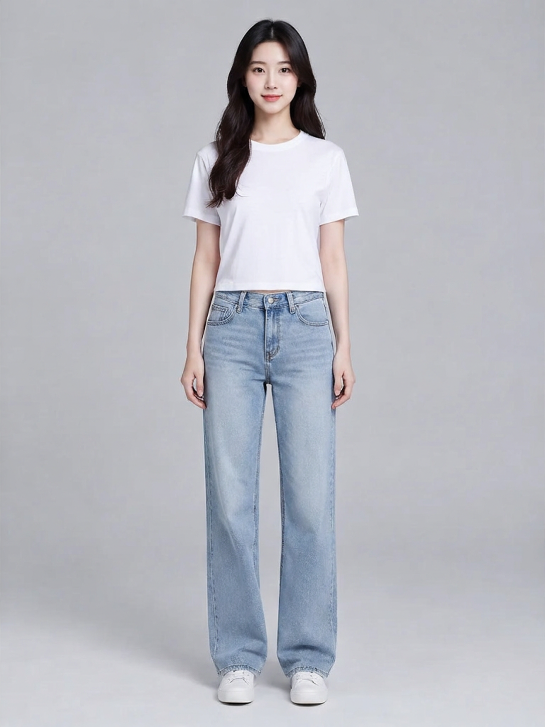 Google Virtual Try-On 输出:同一人物穿上同一件平铺白 T,1086 × 1448