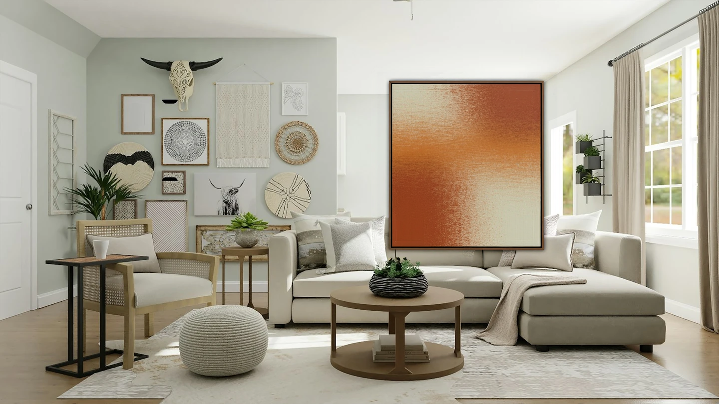 FLUX.1 Fill Pro output: only the boxed area becomes a warm terracotta abstract painting, framed inside the box, with the rest of the room unchanged