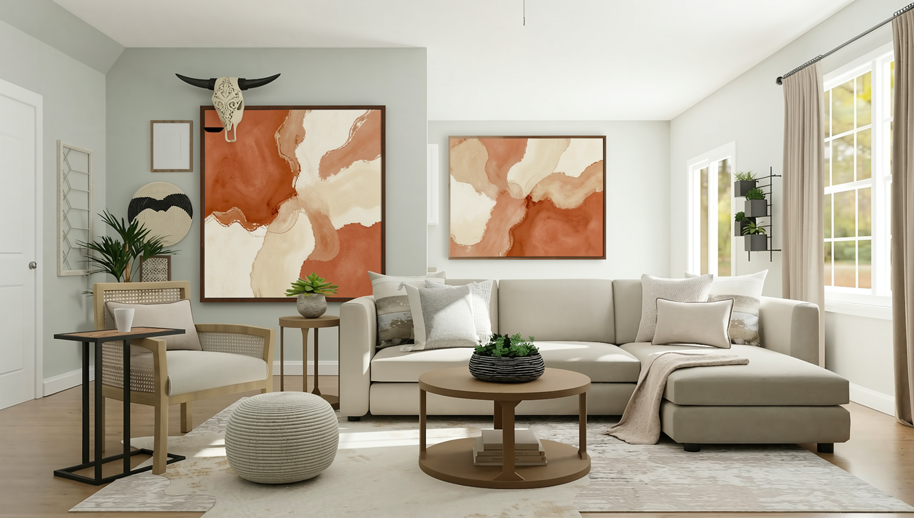 FLUX.1 Kontext Max output: the whole living room repainted, with new wave-pattern abstracts replacing the disc, bison skull and woven pieces on the left wall