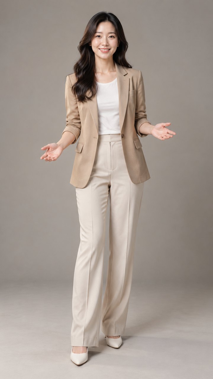 A full-body presenter opens her hands on the key point: input portrait