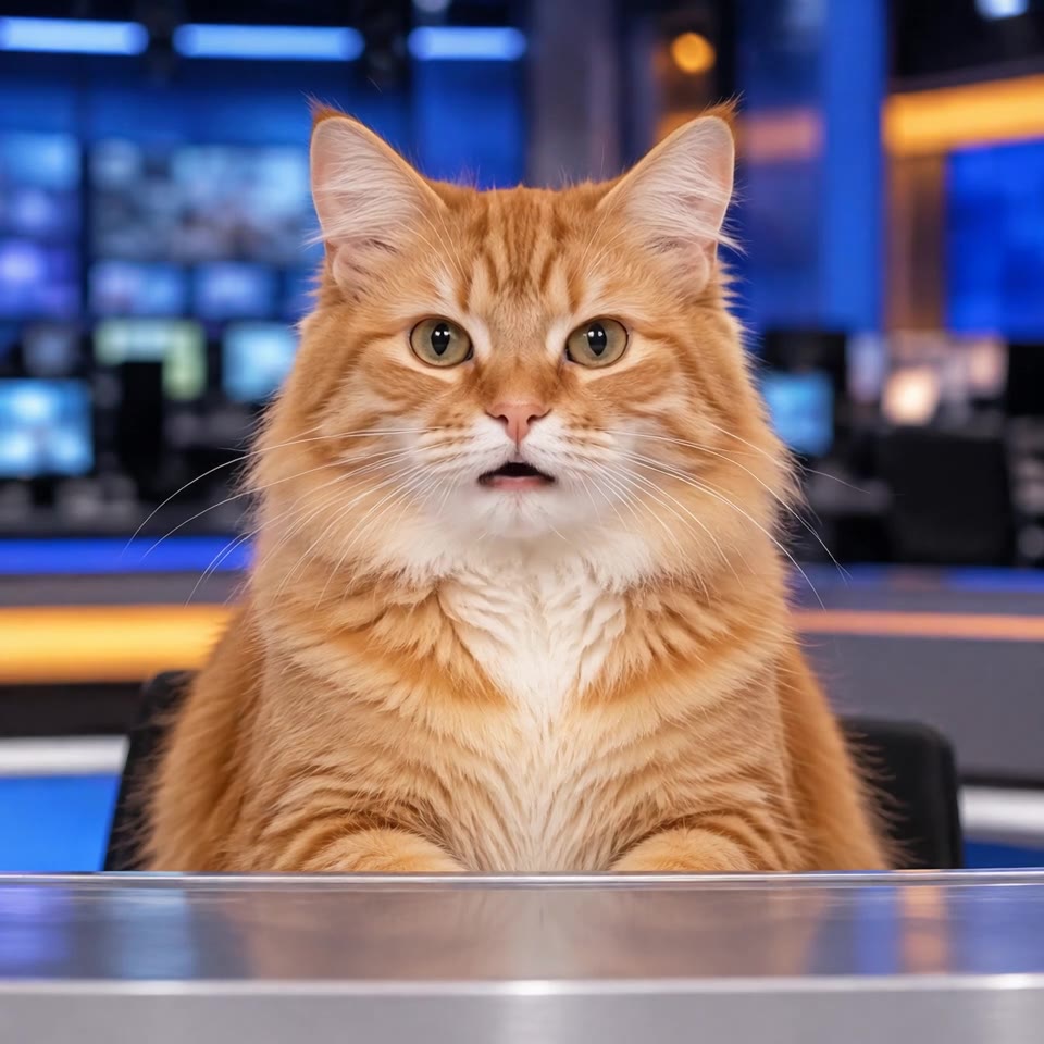OmniHuman 1.5 output: a cat in a square frame looking straight into the lens like a news anchor