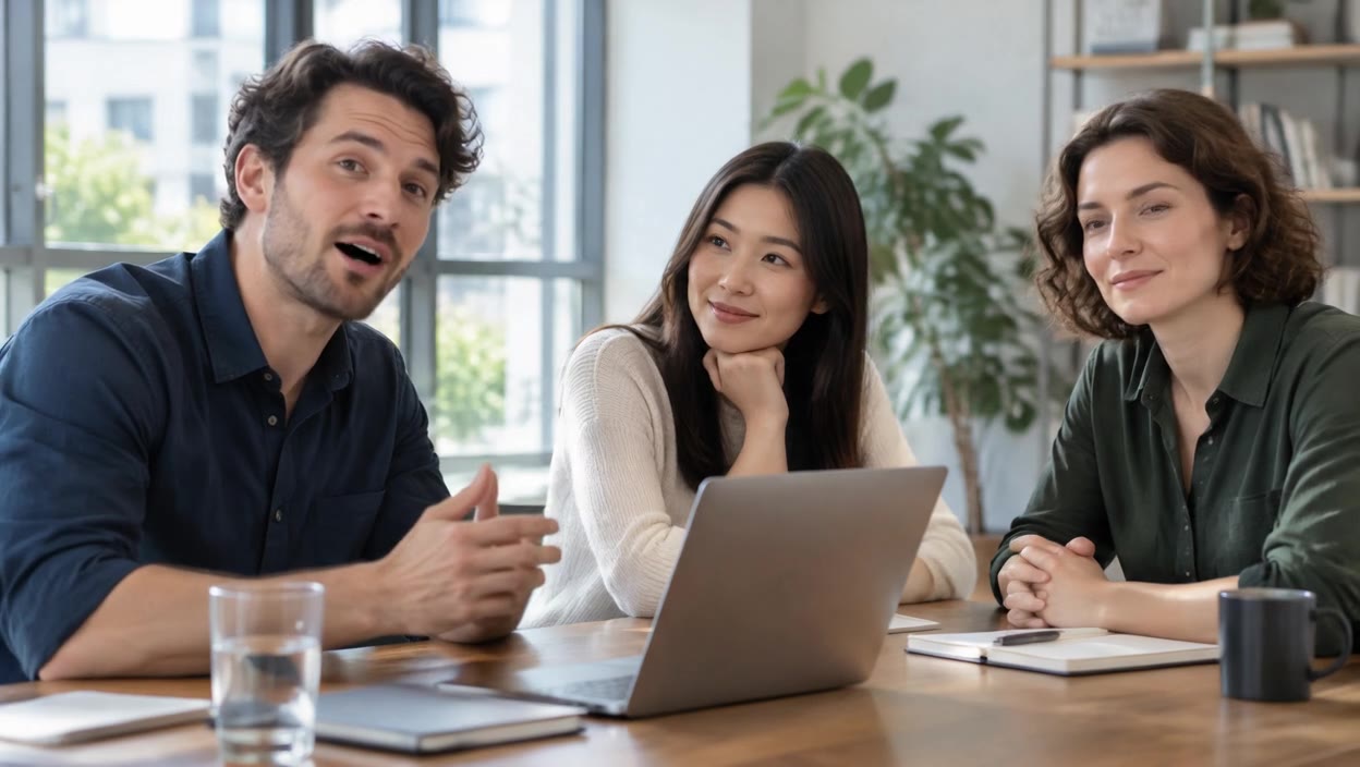 OmniHuman 1.5 output: three people at a meeting table, only the man on the left speaking