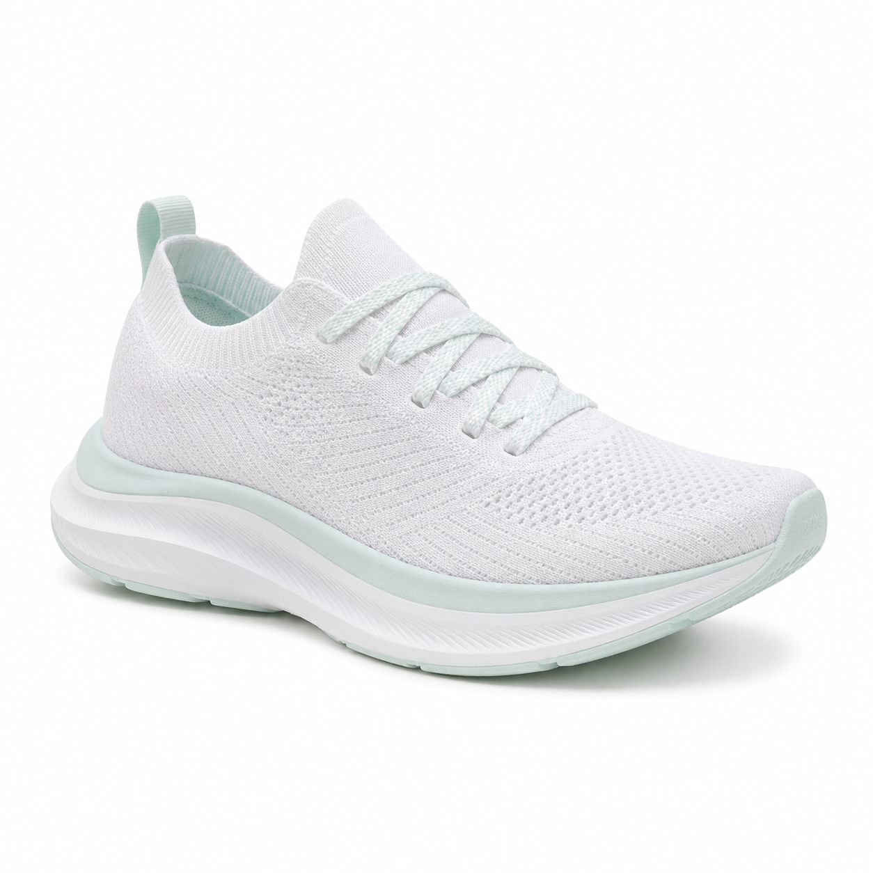 A single white knit running shoe centered on a pure white background, lit for an e-commerce product listing.