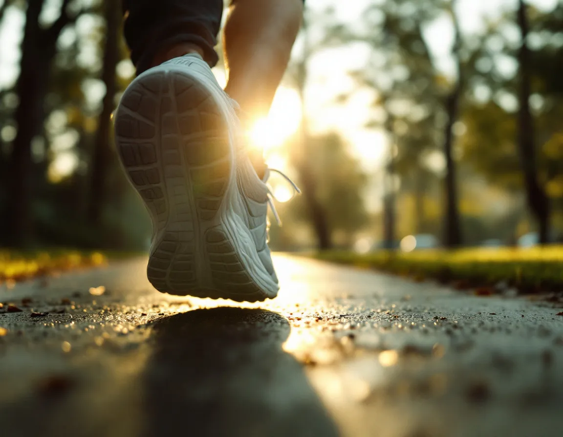 The same white shoe worn on a runner's foot mid-stride in a foggy park at golden hour.