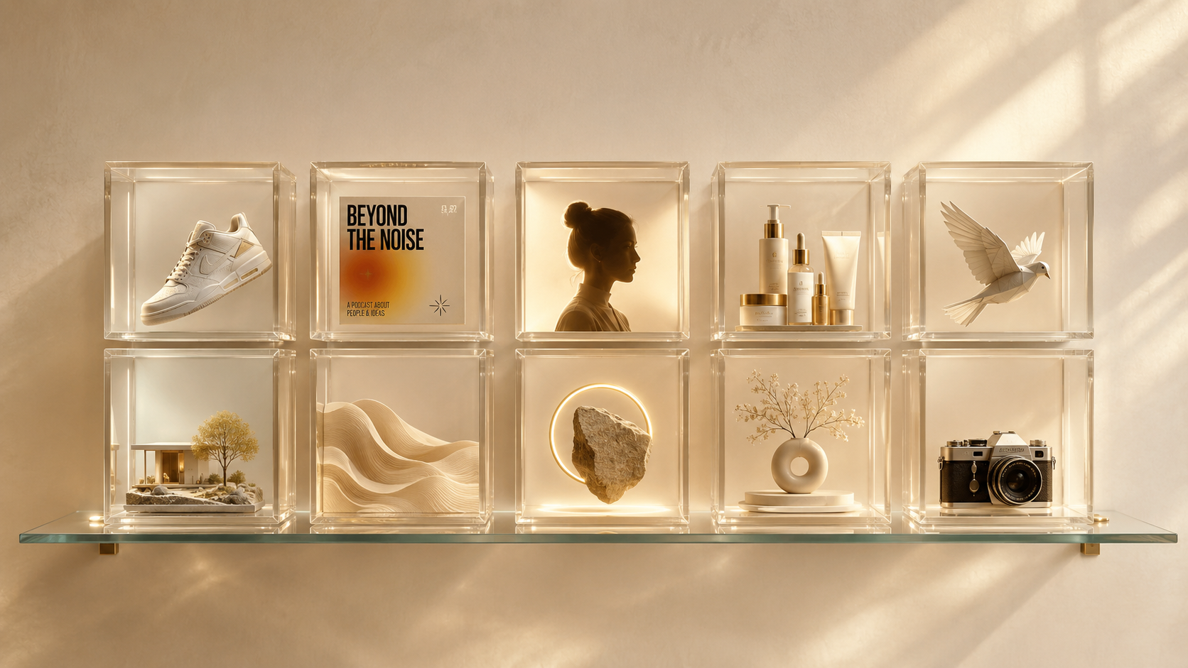 An editorial illustration of a translucent library shelf holding ten glowing cubes, each containing a different use-case scene.