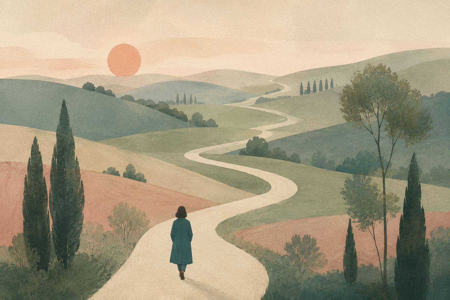 A mid-century editorial illustration of a figure in a teal coat walking a winding cream path through pastel hills.