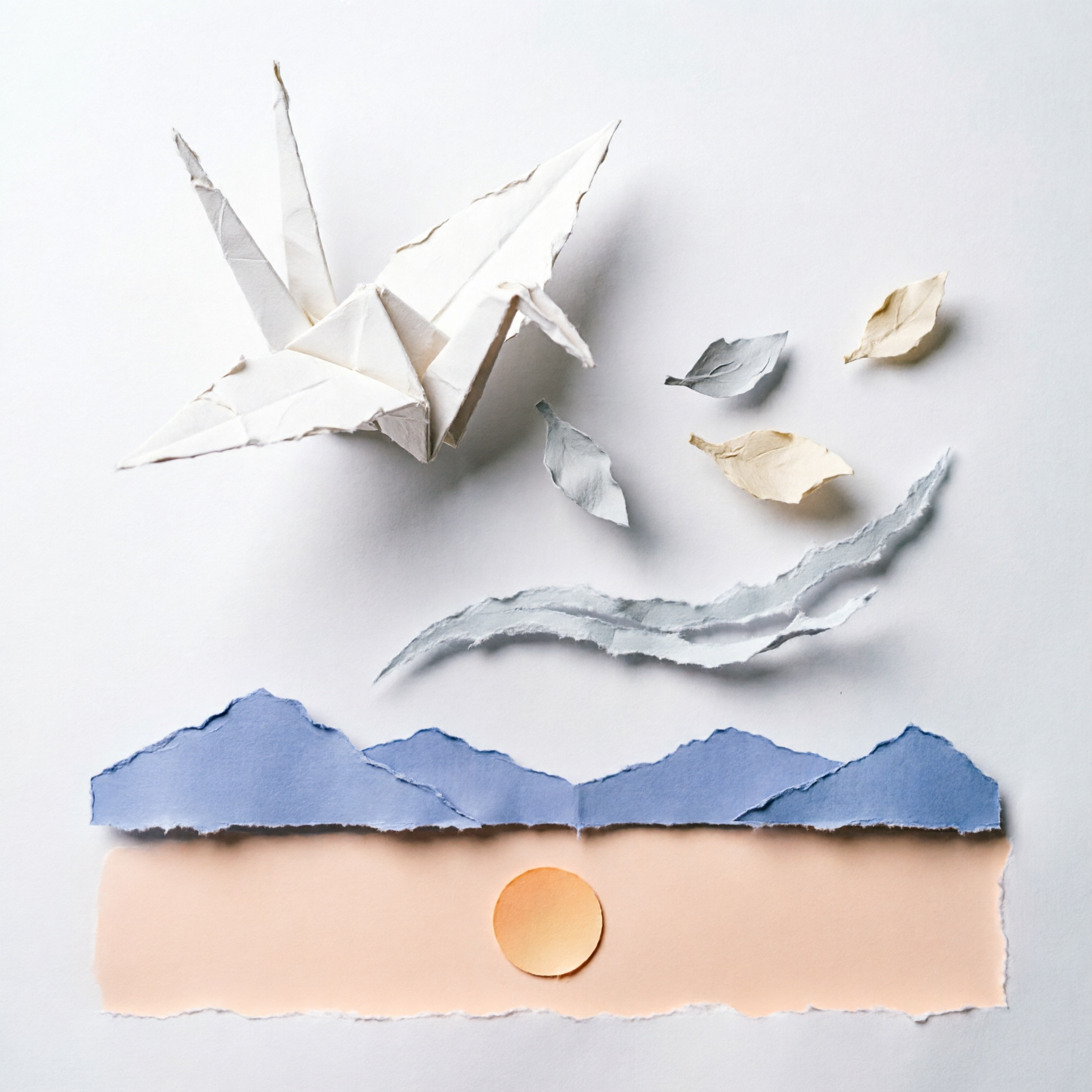 A layered paper-cut illustration of an origami crane in flight with mountains, wind arc, and a pale peach sun.