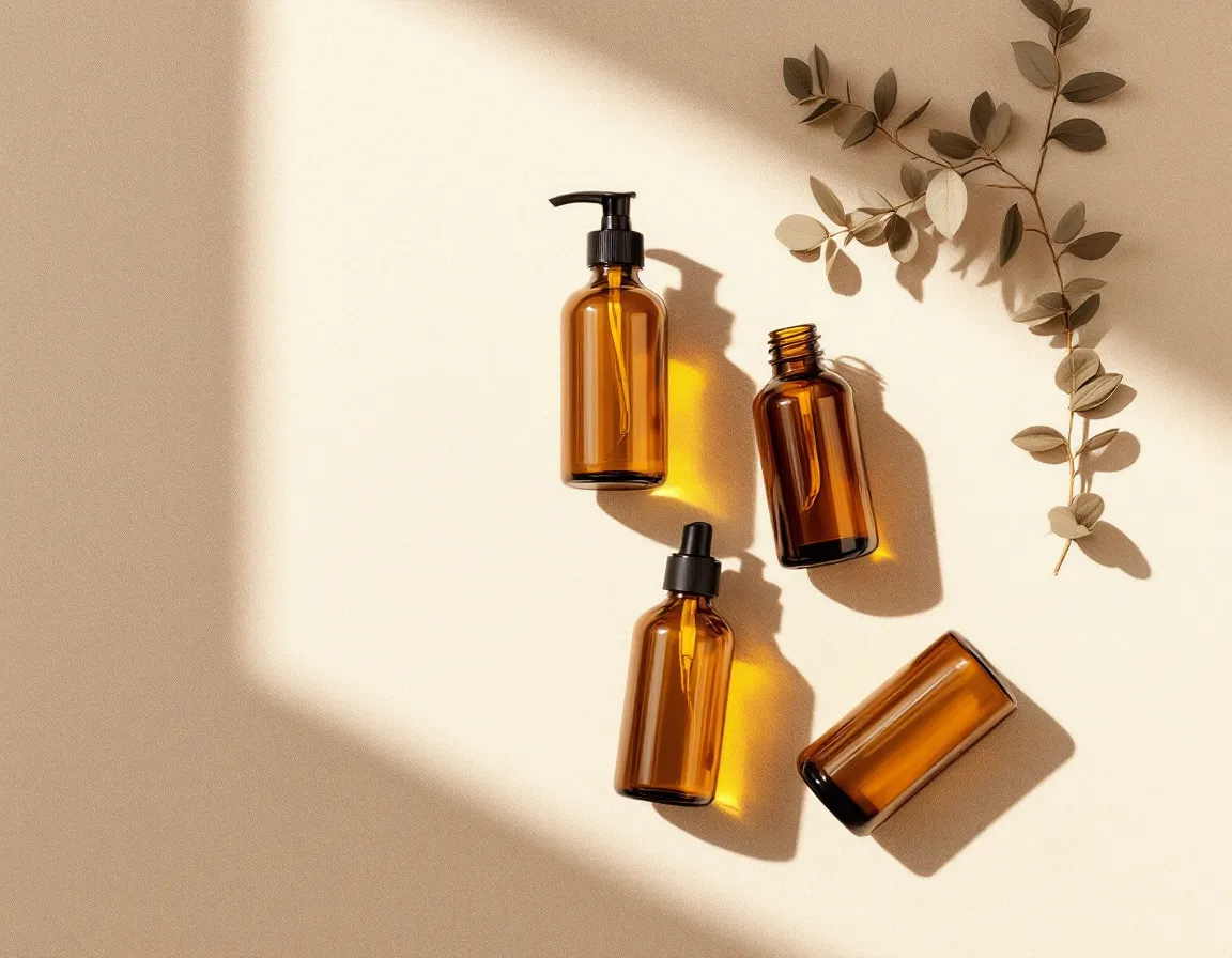 An overhead flat-lay of four unlabeled amber cosmetic bottles arranged on sand-colored linen with a dried eucalyptus sprig.