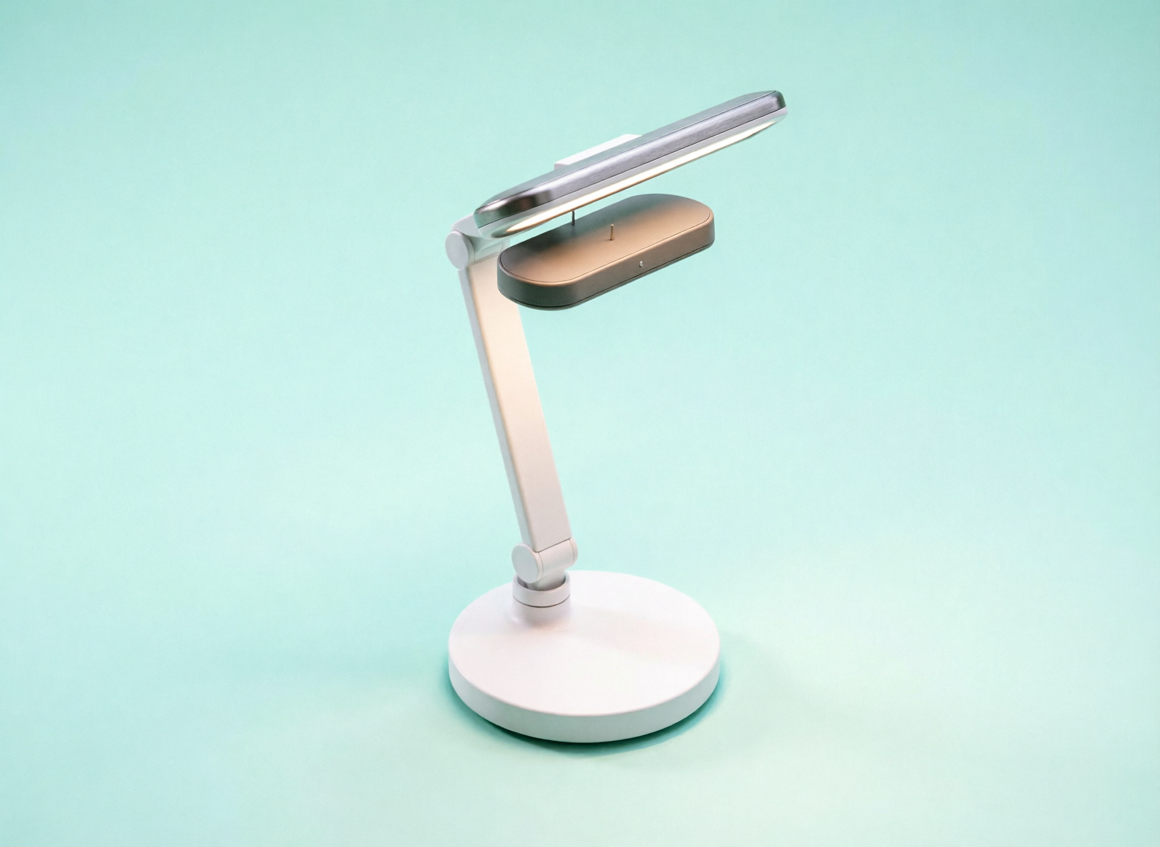 A clean isometric exploded-view illustration of a smart desk lamp in four stacked layers on a pale mint background.