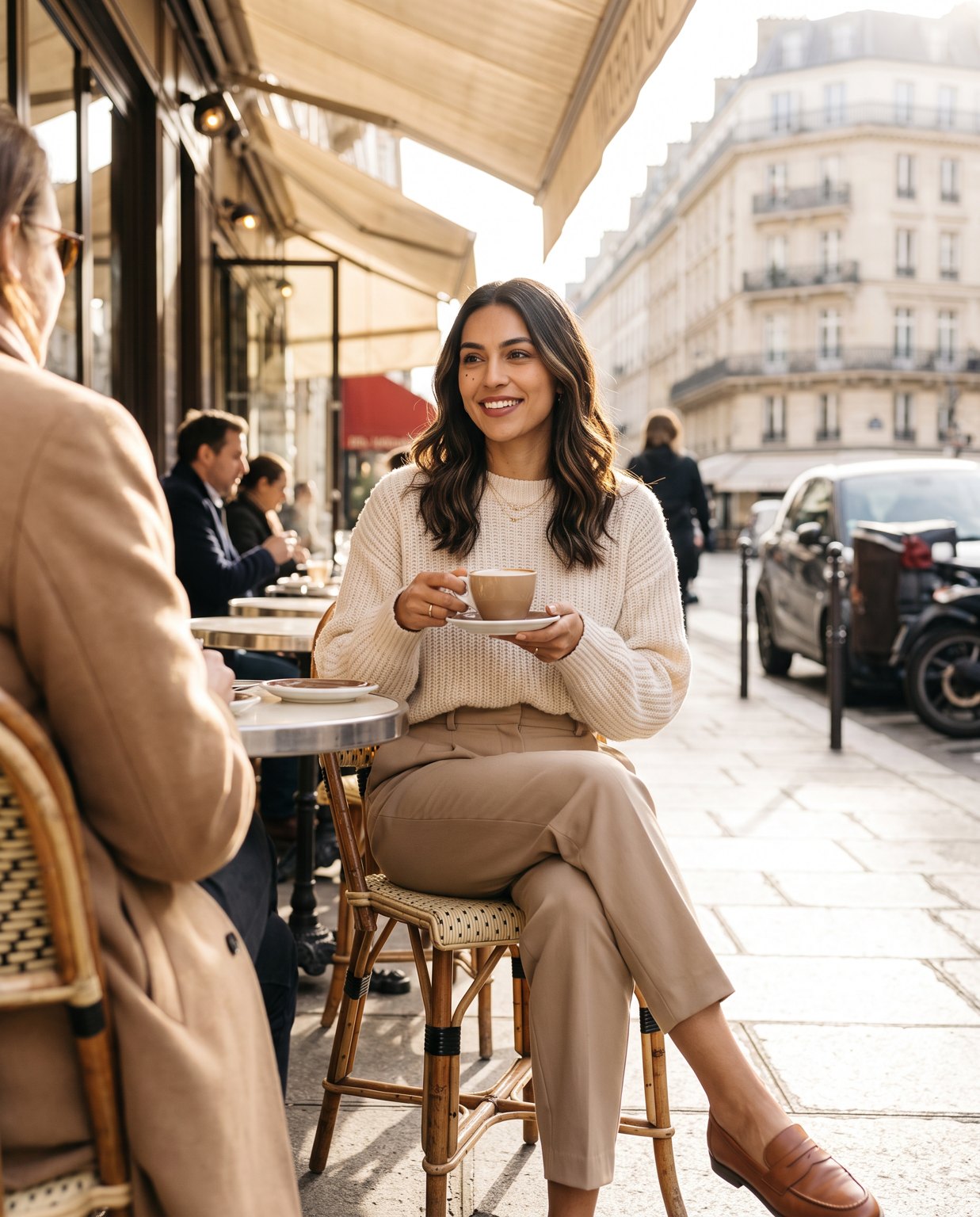 Virtual influencer at a Paris café — identity locked from the base portrait