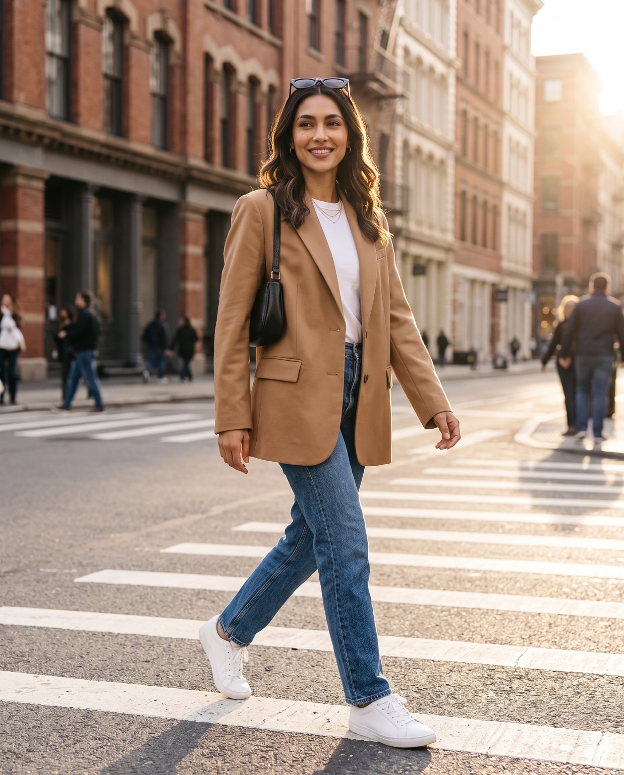 Virtual influencer in a city street-style OOTD shot — same face carried over
