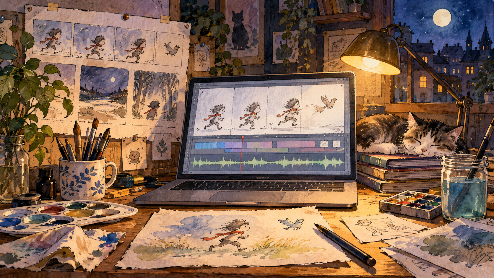 Illustrative hand-painted animation workstation