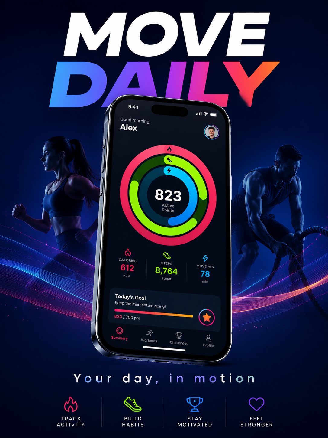 Best AI image API comparison, gpt-image-2: a fitness app poster with MOVE DAILY headline and full activity dashboard