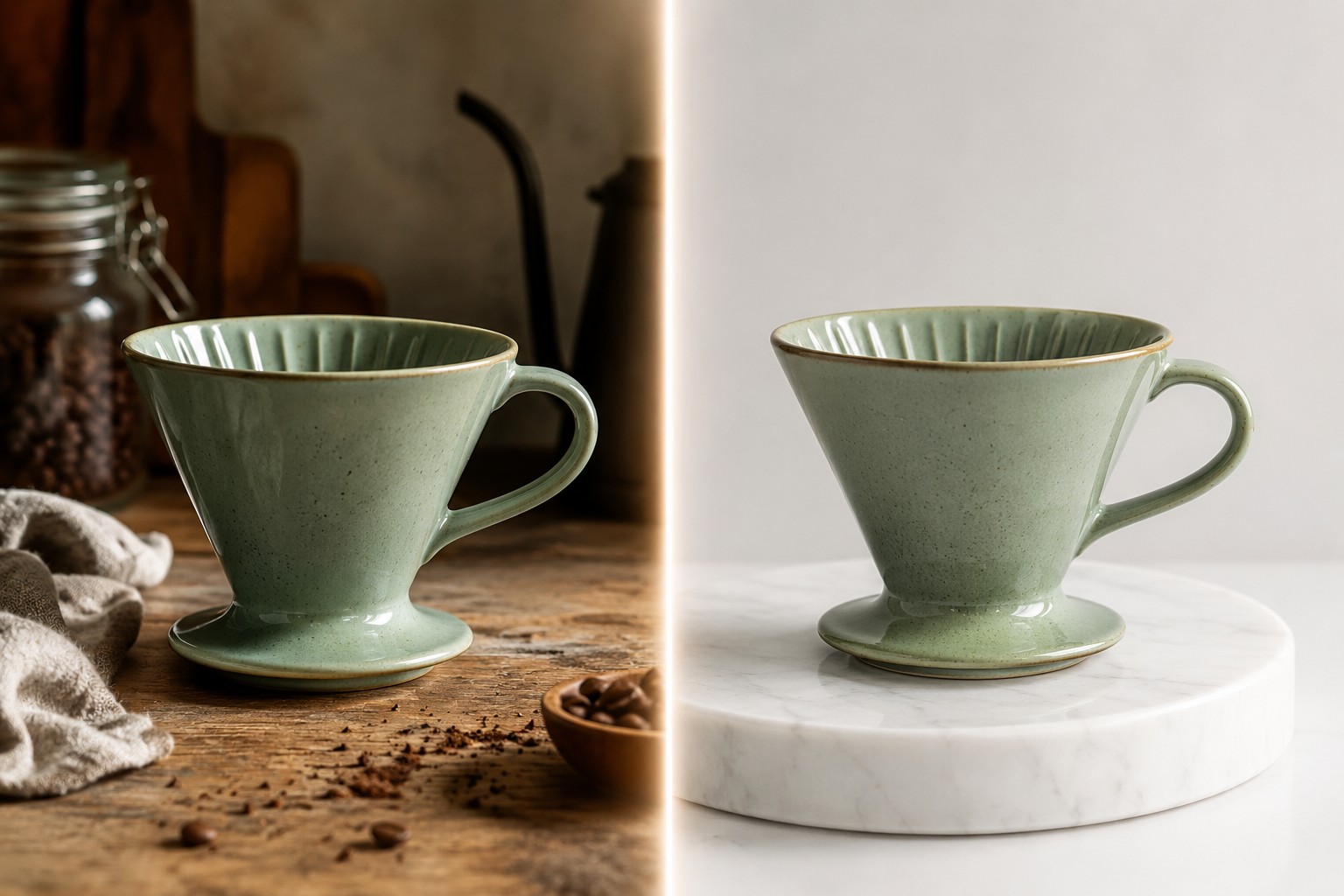 Split hero image: the same sage green coffee dripper on a cluttered wooden counter on the left and on a clean marble studio pedestal on the right