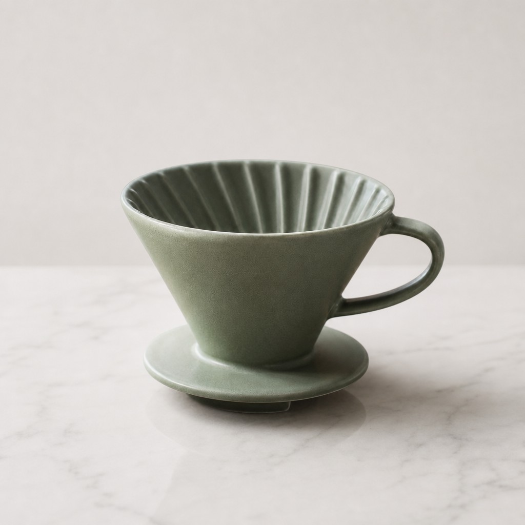 gpt-image-2 edit result: the dripper on a white marble round pedestal against a pale grey seamless backdrop