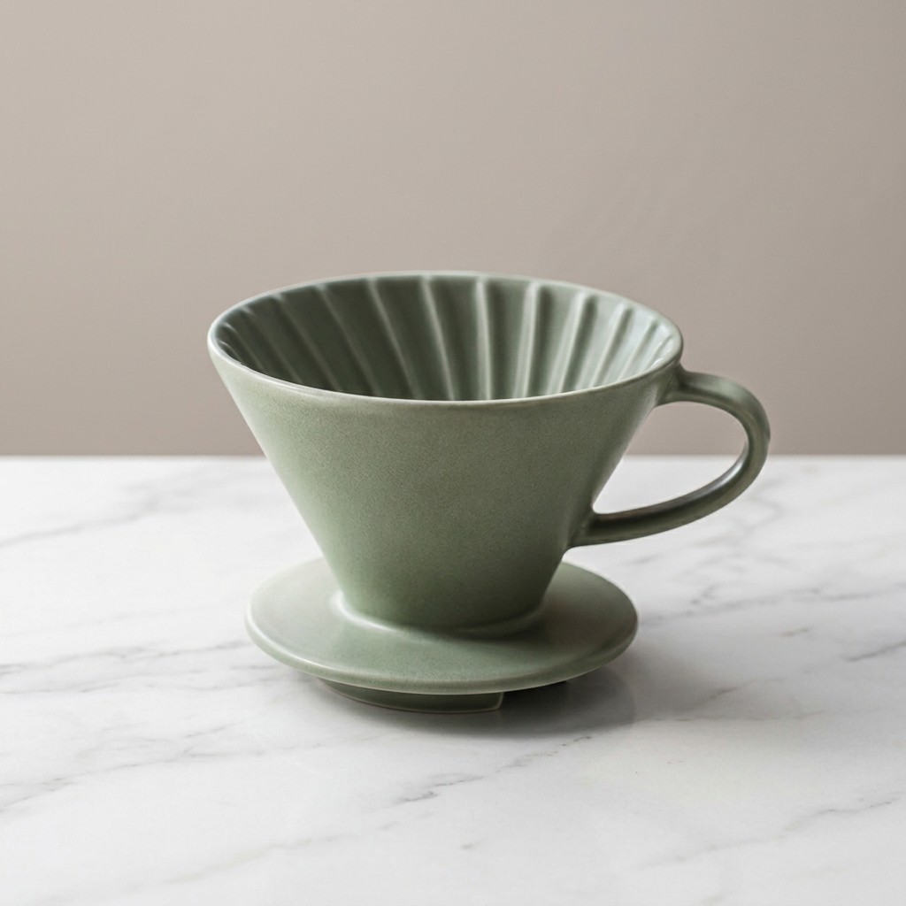 nano-banana-2 edit result: the dripper unchanged on a white marble countertop against a warm grey wall