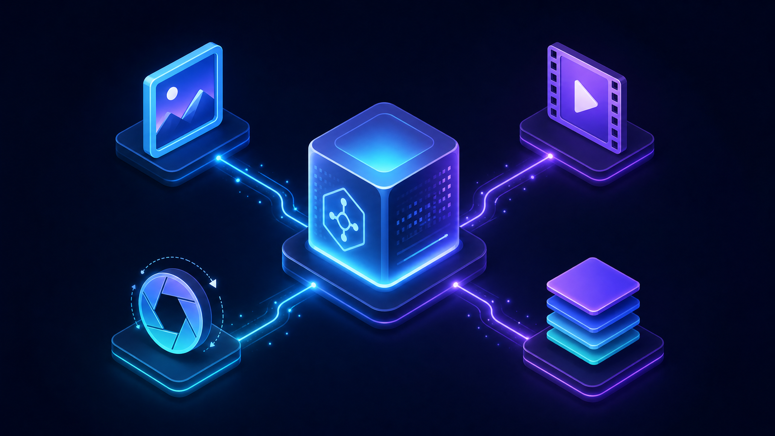 A grid of AI-generated image and video frames produced through HiAPI's unified multi-model API, illustrating one-key access across several models