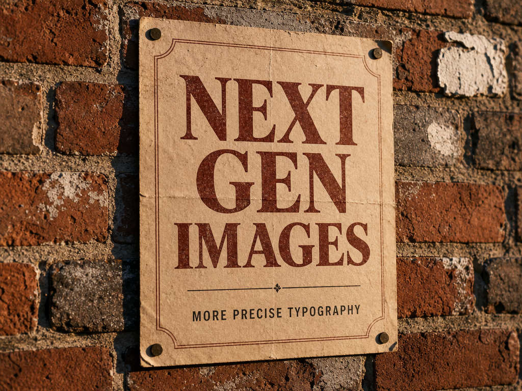 A vintage letterpress poster on a brick wall, headline reads "NEXT GEN IMAGES", subline reads "MORE PRECISE TYPOGRAPHY"