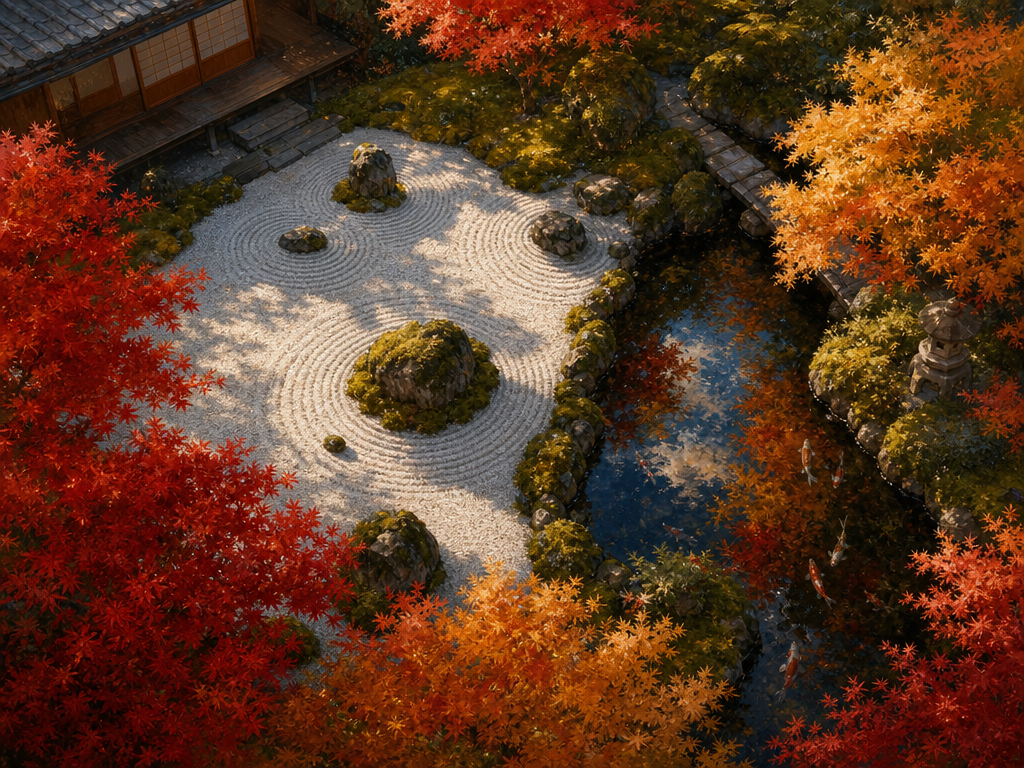 Aerial view of a Japanese zen garden in autumn, koi pond reflecting maple trees, impressionist style