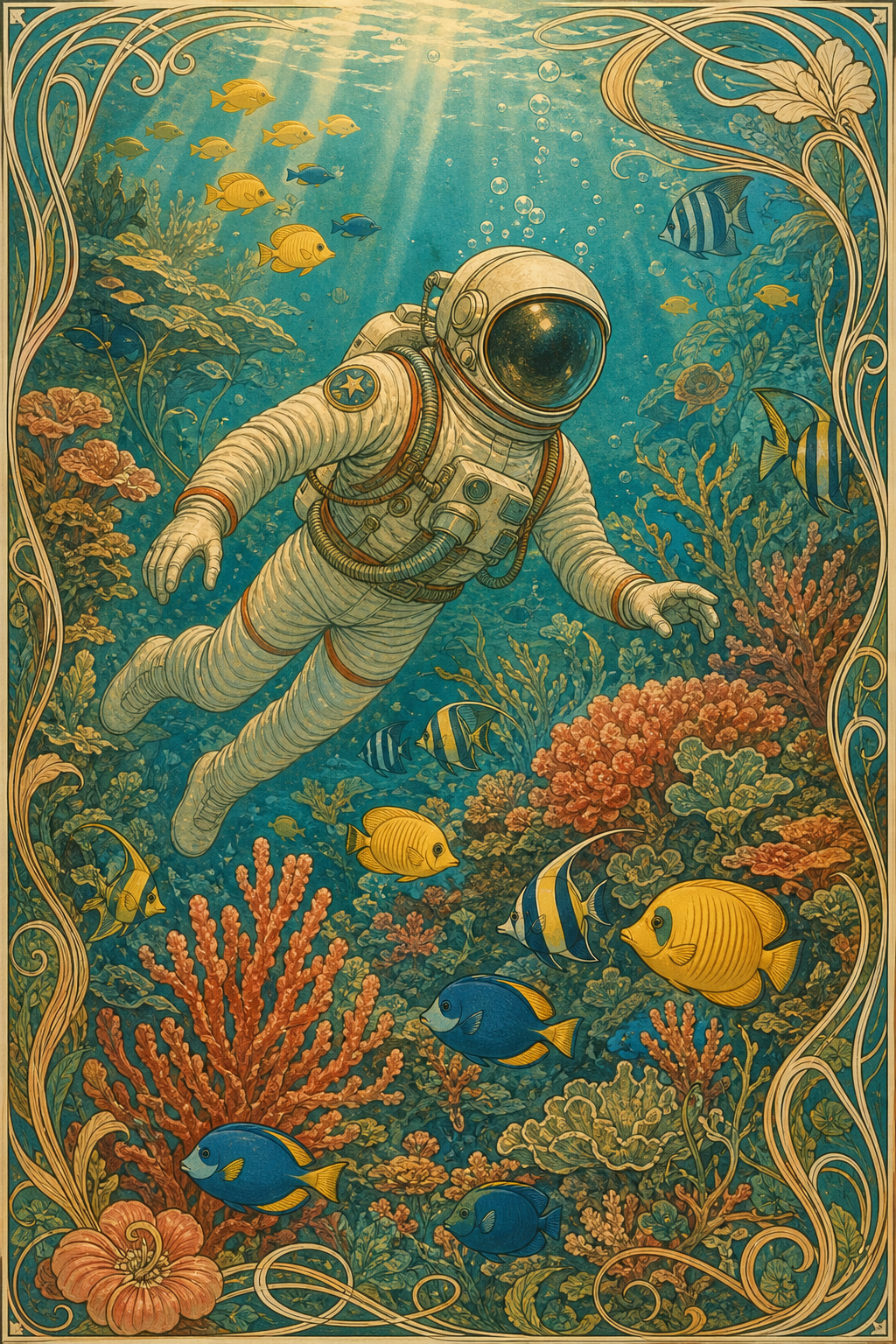 An astronaut in a retro spacesuit floating through a coral reef, tropical fish, art nouveau style with ornamental linework