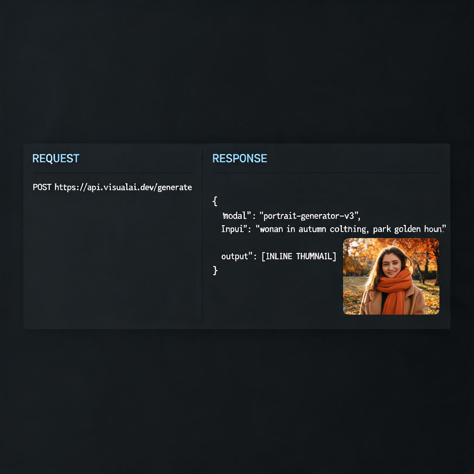 Example of a media generation API request and response panel