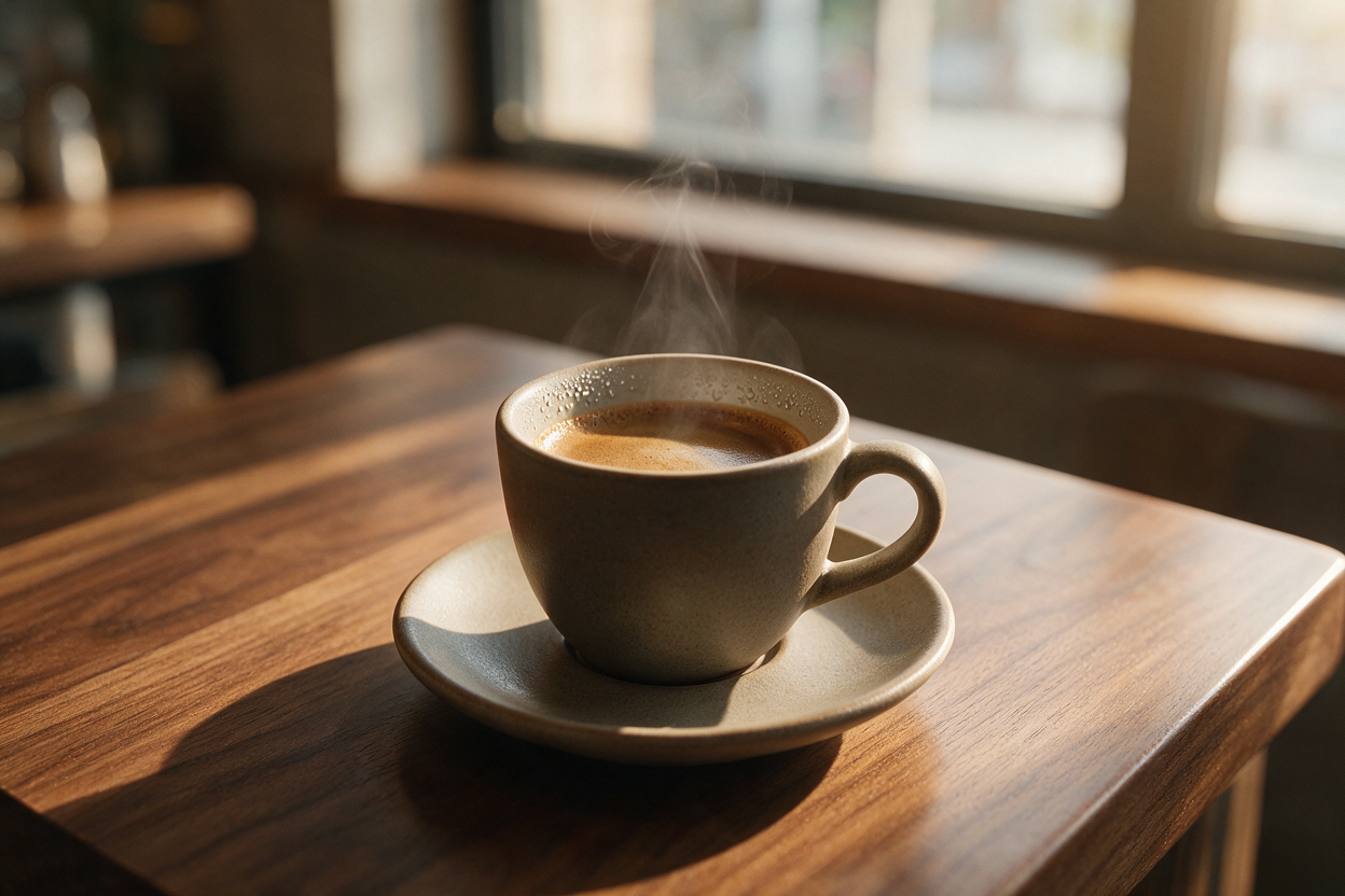 Seedream 5.0 Pro — photorealistic steaming espresso cup on a walnut table