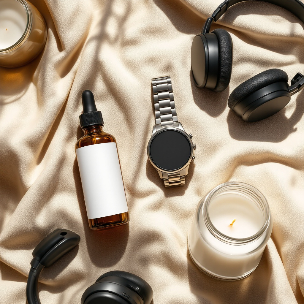 Flat-lay of unbranded e-commerce products generated with flux-1.1-pro on hiapi