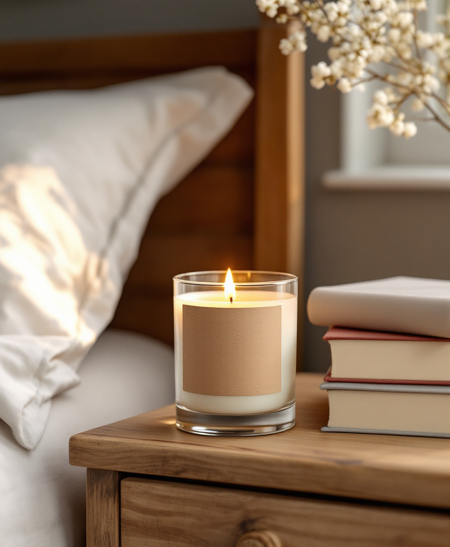 Lit soy candle with blank kraft label staged on an oak nightstand