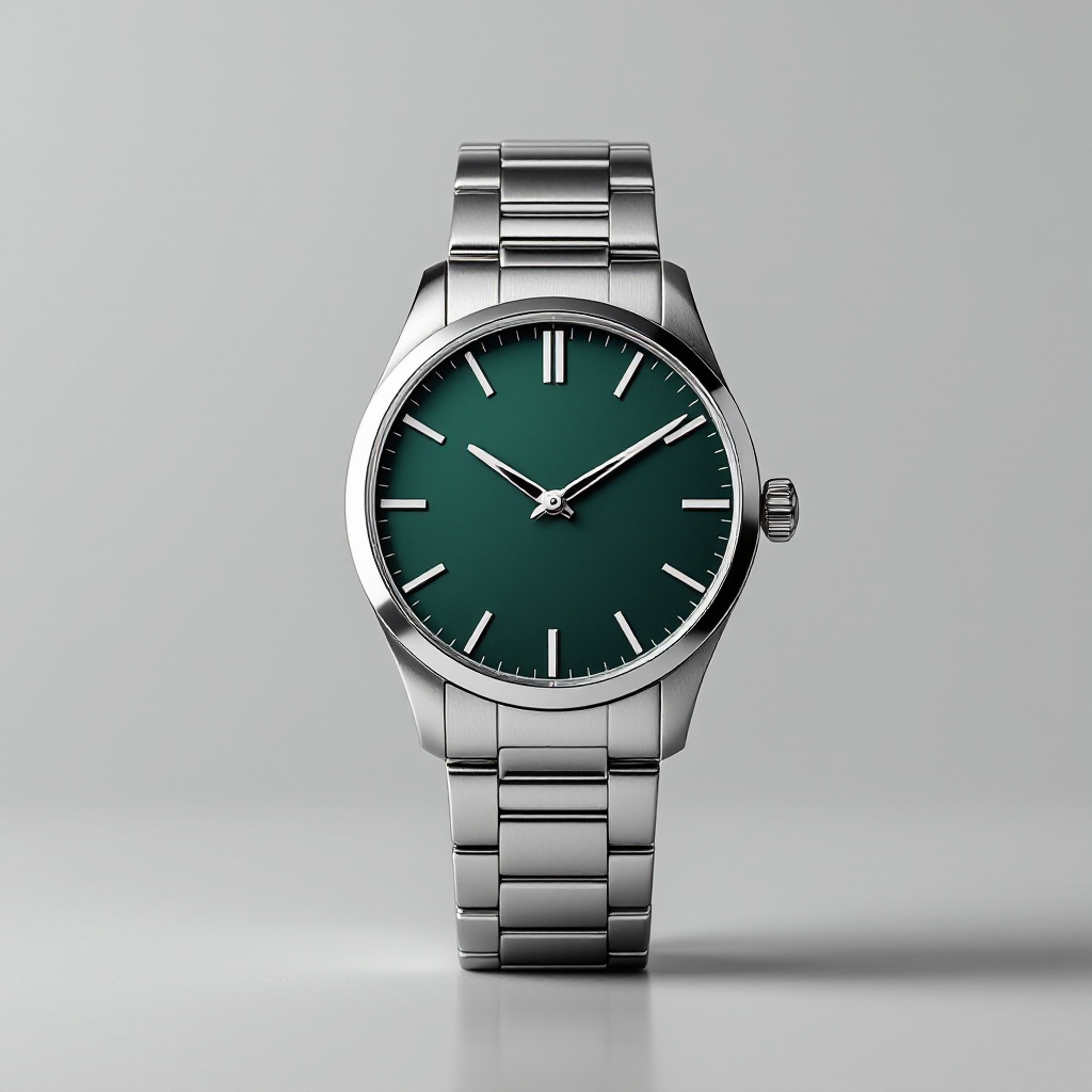 Unbranded green-dial watch packshot on seamless grey, generated by flux-1.1-pro