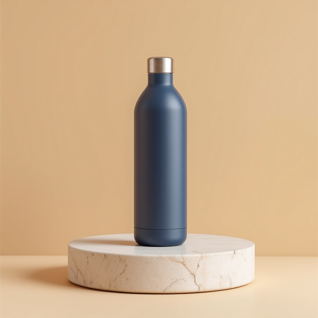 Matte navy blue water bottle on travertine slab, seed 5150