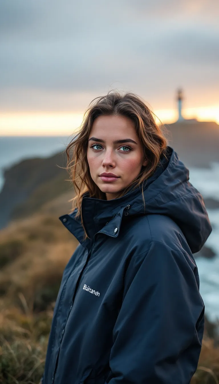Photorealistic portrait of a marine biologist on a seaside cliff at sunrise rendered by flux-1.1-pro, 9:16 aspect ratio