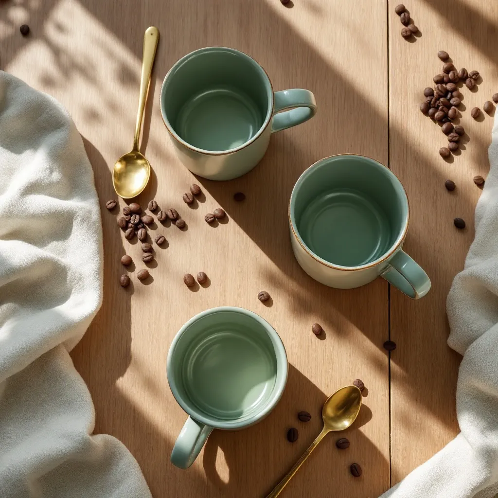 Top-down photograph of three sage-green ceramic mugs on a sun-dappled oak table with scattered coffee beans, rendered by flux-1.1-pro at 1:1