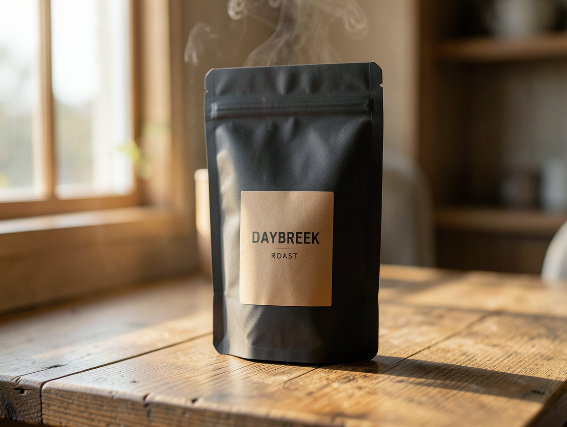 FLUX.2 klein 4B at 1 MP ($0.00143): the label misreads "DAYBREEK ROAST"