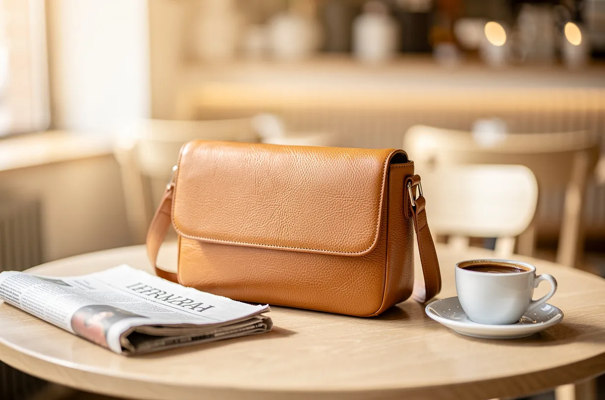 Tan leather bag staged on a cafe table with soft bokeh background