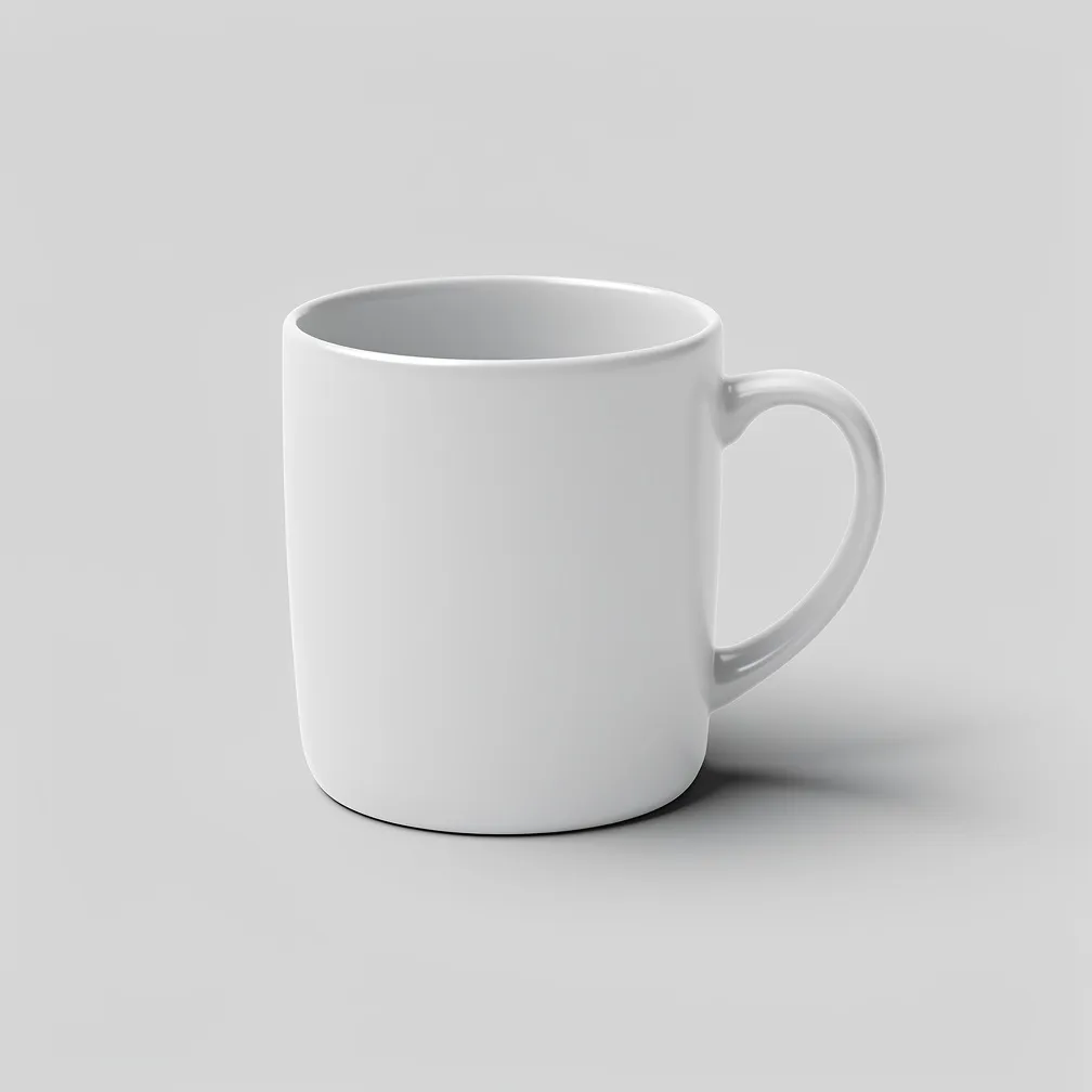 Single white ceramic mug packshot on a seamless grey background