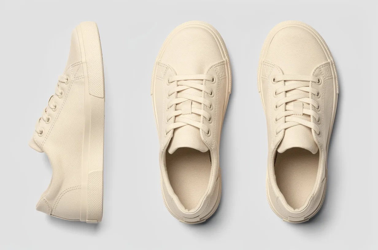 Three consistent angles of off-white sneakers for a product detail page
