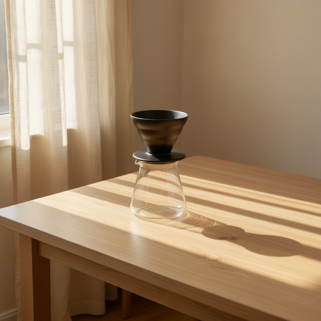 A matte black ceramic pour-over coffee dripper composited onto the same sunlit oak table scene