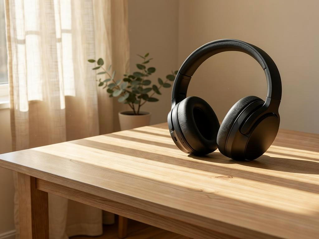 Matte black over-ear headphones composited onto a sunlit oak table lifestyle scene