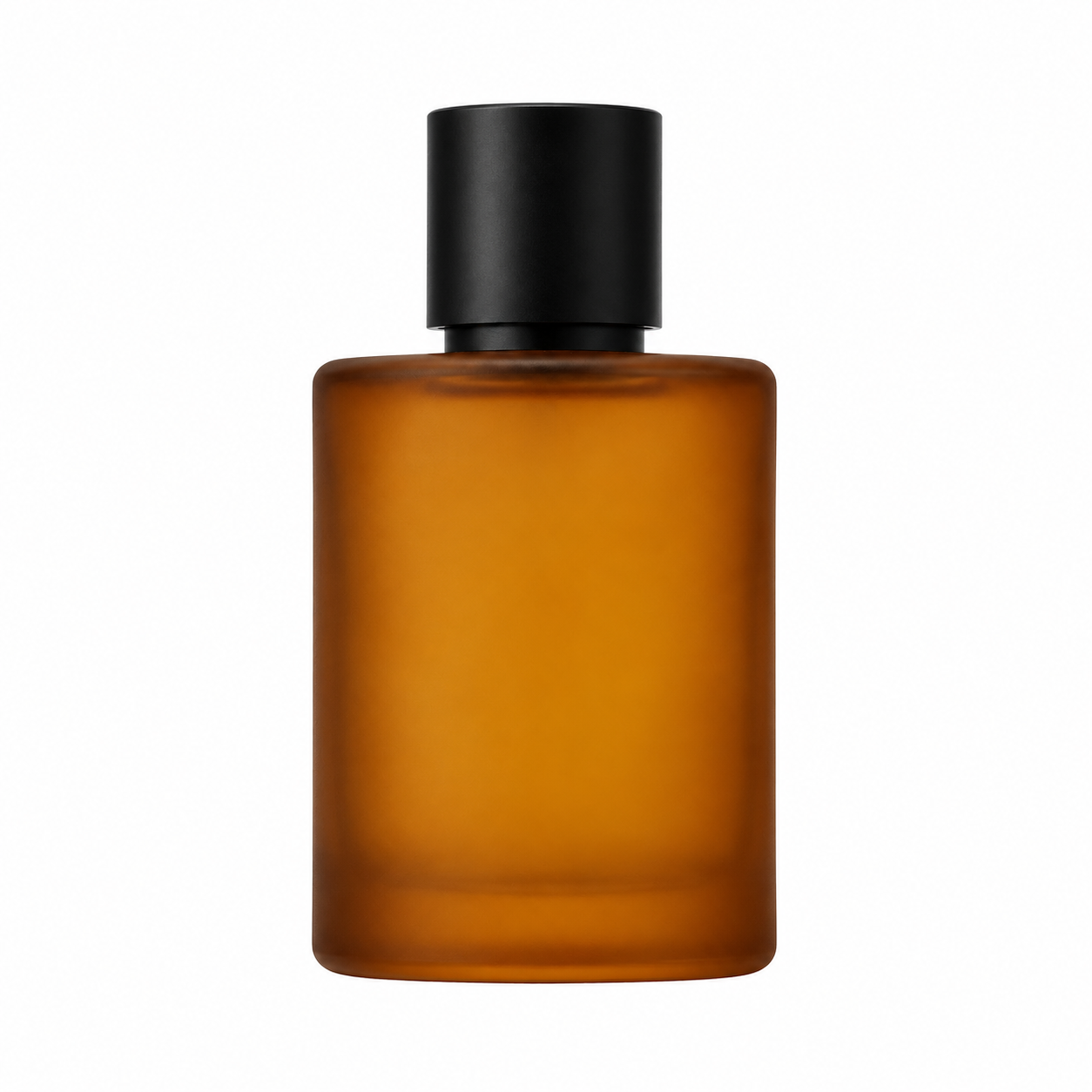 Frosted glass amber perfume bottle with black cap on a plain white studio background, the unedited source photo used for the FLUX.2 image-to-image recipes below