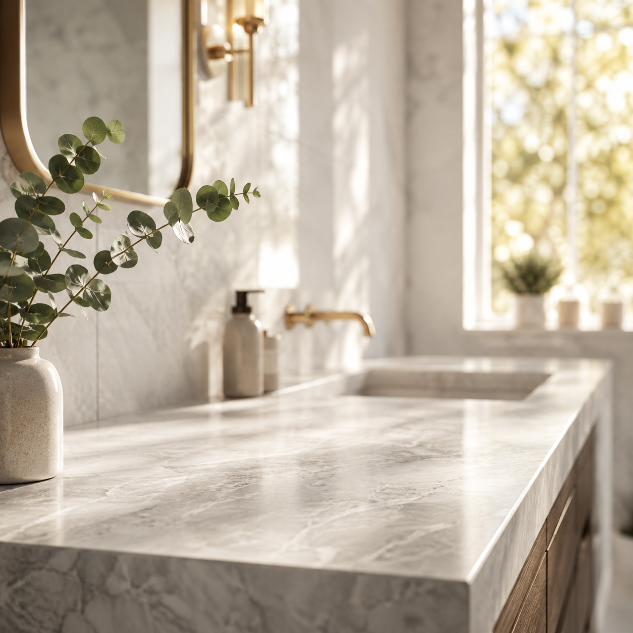 Empty light gray marble bathroom countertop with a small eucalyptus branch, warm morning light, used as a second reference image for FLUX.2 multi-image merging