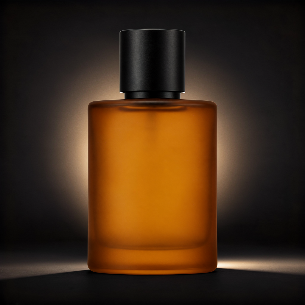 FLUX.2 image-to-image output of the perfume bottle with its white background swapped for a dark charcoal studio backdrop and rim lighting, product kept unchanged
